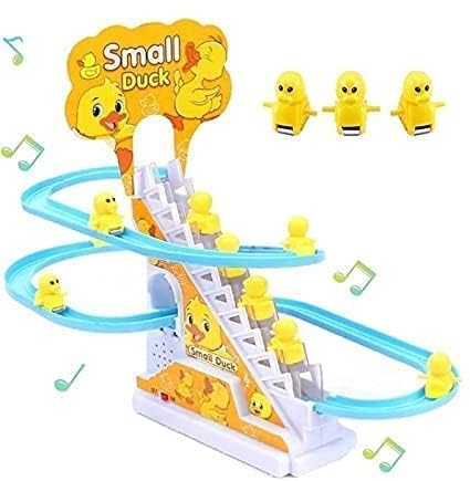 TEC TAVAKKAL Slide Toy Race Duck Track Set, Funny Automatic Stair-Climbing Ducklings Cartoon Roller Coaster Escalator Toy with Flashing Lights & Music