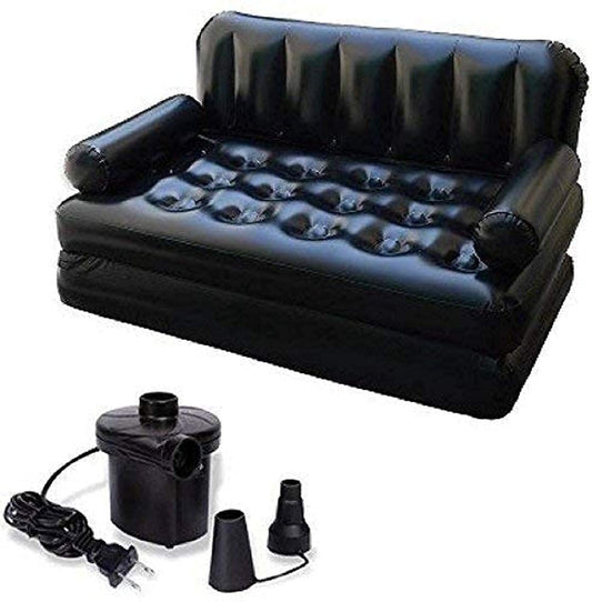 Air Sofa 5 in 1 Inflatable 3-Seater Queen Size Sofa Cum Bed Air Folding Bed Couch Blow up Mattress Lazy Recliner with Electric Pump Chloride Black Color & Durable Quality