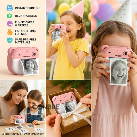 Conbre Kids Instant Print Camera with 4 Games – 3-in-1 Digital Camera for Boys & Girls Ages 3-12 | Print Photos & Record Videos | Supports 64GB SD, Gift-Ready - 2 Rolls (Teddy)
