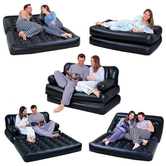 Air Sofa 5 in 1 Inflatable 3-Seater Queen Size Sofa Cum Bed Air Folding Bed Couch Blow up Mattress Lazy Recliner with Electric Pump Chloride Black Color & Durable Quality